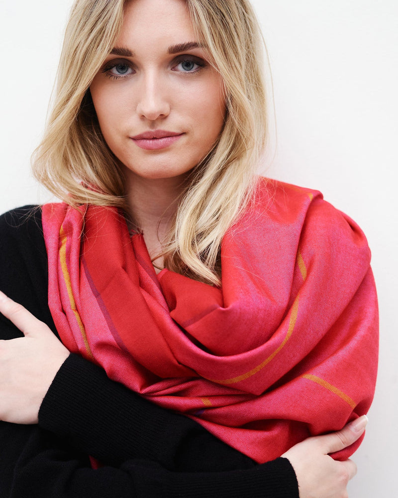 Echarpe bicolore en soie laine rose, rouge